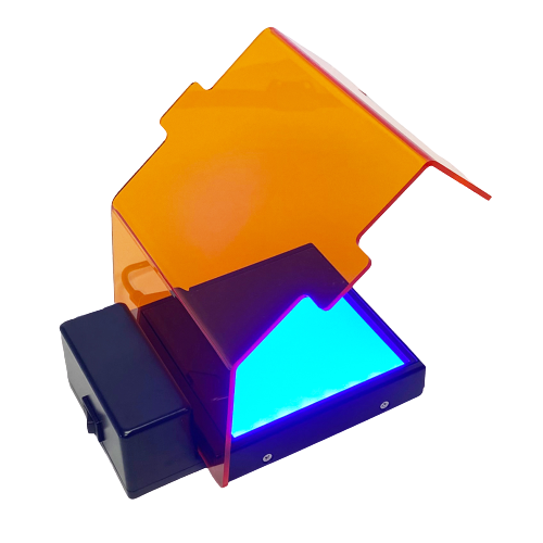 Accuris SmartBlue Mini blue light transillumiator with amber cover raised 